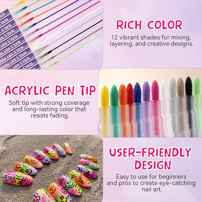 12 Colors Nail Art Pens Set, 0.7mm 3D Nail Polish Pens, Quick Dry, Long Lasting & Waterproof Acrylic Nail Art Markers, Home & Salon Nail DIY, Parties Events, Gift for Valentine’s Day