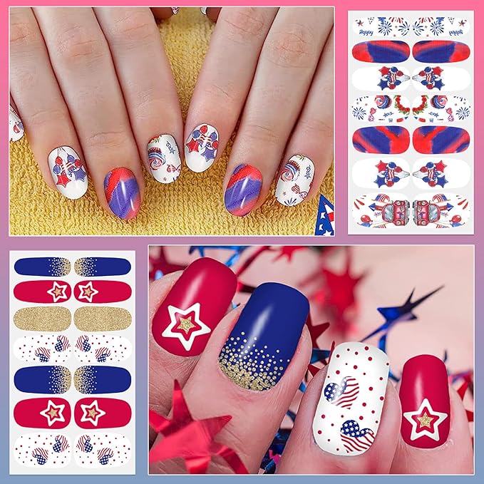 DANNEASY 24 Sheets Independence Day Nail Polish Stickers 4th of July Nail Wraps for Women Self Adhesive Nail Polish Strips Fingernail Stickers Stick on Nails with Nail File, Cuticle Stick