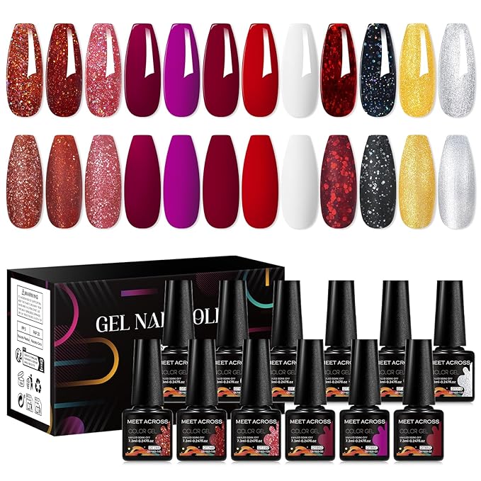 MEET ACROSS 12pcs Gel Nail Polish Set,Soak Off UV LED Lamp Gel Nail Polish Kit,Fashion Shimmer Nail Art Design Gifts for Women Manicure Salon (Red-1)