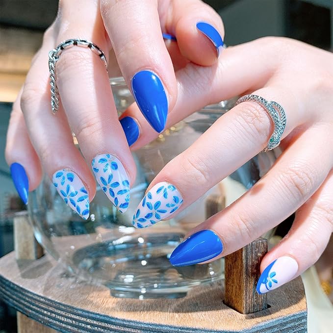 Valentine Blue Short Almond French Press on Nails Flower Pattern Fake Nails DIY for Women and Girls Daily and Party Use Can Glue on Nails Blue Full Cover Acrylic Stick on Nails 24 Pcs Kit