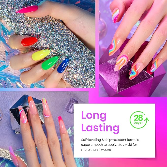 Beetles Spring Gel Nail Polish Set - 20 Colors Neon Gel Polish Kit with 3Pcs Base Top Coat Hot Pink Orange Blue Lemon Green Glitter Colors Soak Off UV Manicure Rainbow Nail Gift for Women