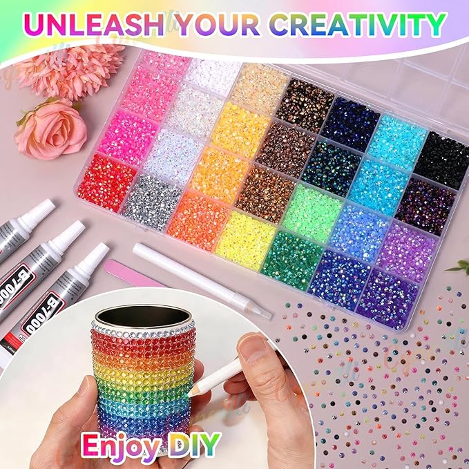 32000Pcs 3MM Colors Flatback Rhinestones for Bedazzling, Mix Sizes Jelly Resin Crystal Rhinestones Gems, Colorful Gems Bedazzling for Crafting DIY Face Makeup Crafts Tumblers