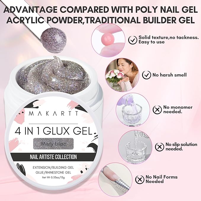Makartt 3D Gel Nail Art: Solid Builder Nail Gel, Non-stick to Hands Extension, UV Glue for Acrylic Tips Rhinestones Adhesives 4 in 1 Hard Gels Molding for Nails UV/LED Lamp Required 15ML Misty Lilac