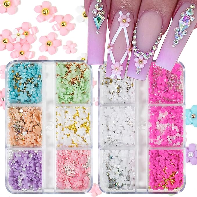 3D Flower Nail Charms - Colorful Flatback Rhinestones in White, Pink, Green, Blue. Acrylic Flowers with Golden Beads & Pearls - DIY Nail Art Supplies