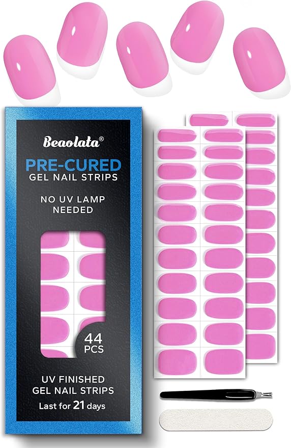 Real Gel Nail Strips (No UV Light Needed) - 44Pcs Salon Quality Nail Stickers - Long Lasting Polish Wraps for Women, Easy Apply & Remove (Mermaid Pink)
