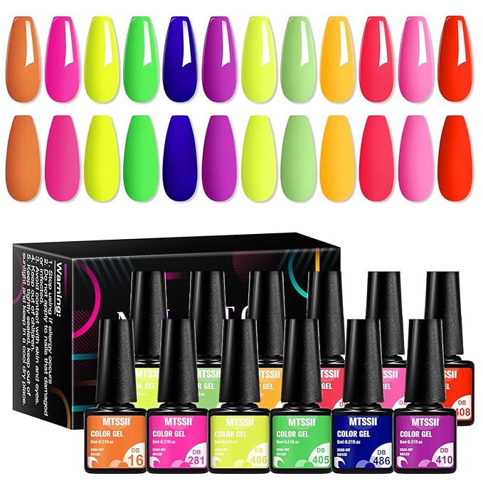 MTSSII Neon Gel Nail Polish Set, 12 Colors Hot Pink Orange Yellow Green Blue Red Purple Spring Summer Nail Polish Set Fluorescent Gel Nail Kit for Home DIY Manicure Nail Salon