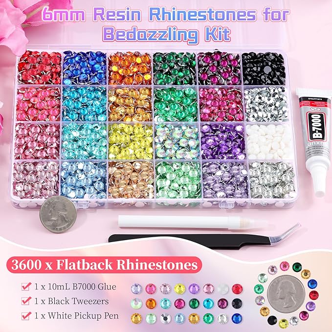 3600Pcs 6mm Resin Rhinestones for Bedazzling, Pink Red Black Flatback Gems for Crafting, Bedazzler Kit with Rhinestones Tools & B7000 Jewelry Glue for DIY Clothing Shoes Tumblers Fabric Mugs Bags
