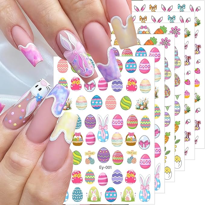 6 Sheets Easter Nail Stickers Cute Flower Carrot Chick Rabbits Nail Art Stickers 3D Self-Adhesive Easter Egg Nail Decals Cartoon Bunny Nail Design Supplies for Women DIY Holiday Nail Art