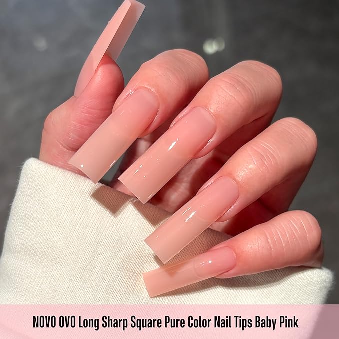 NOVO OVO Long Sharp Square Nail Tips Press on Pure Color BABY PINK, Extra Thick NEED Builder Gel & Top Coat, Soft Gel Matte Fake Nail Extension, Full Cover False Nails for Salon DIYx 15 Sizes 180 pc
