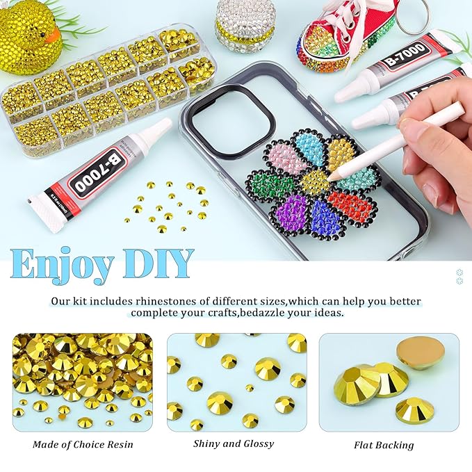 12000Pcs Resin Rhinestones for Bedazzling with 3Pcs B7000 Jewelry Glue, 2 Boxes Bright Gold Flatback Rhinestones for Crafting Crafts DIY, Crystals Gems for Clothing Shoes Tumblers Nail Art Makeup