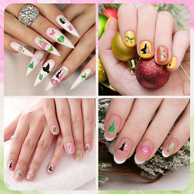 Witch Witchy Nail Stickers - 8 Sheets Pink and Green Witch Hat Crown Bow 3D Nail Art Stickers Musical DIY Finger Decals for Girls Manicure Decoration Halloween Party Favor Manicure Accessory