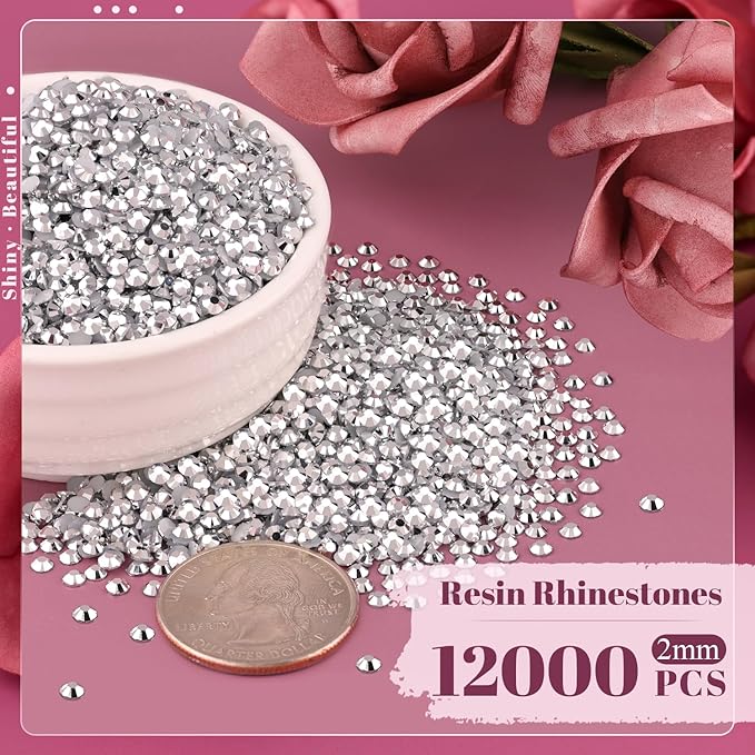 12000PCS 2mm Resin Rhinestones Bulk for Crafting (Silver), Flatback Bedazzling Crystals for Crafts DIY Nail Decoration, Gems Charms for Tumbler Shoes Clothing Fabric with Pickup Pen and Tweezers