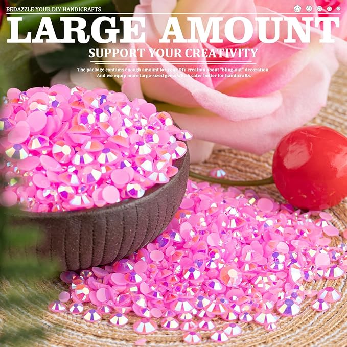 7000PCS Resin Rhinestones with Tweezers for Crafting, 2/3/4/5/6mm Flatback Jelly Rhinestones, 4 Box Pink AB Non Hotfix Crystal Gems for DIY Crafts Mugs Tumblers Clothes Makeup Nail