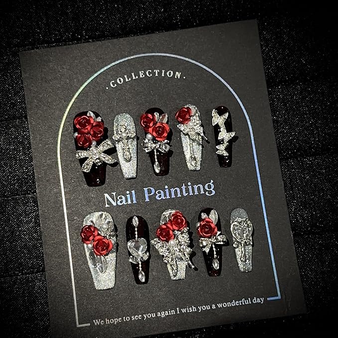 3D Press On Nails, Luxury Long Ballerina Shape, Red Rose and Silver Glitter Design, 10 Pieces, Fall Winter Collection (Medium, LC)