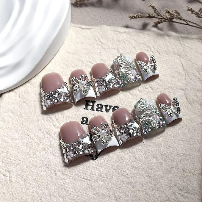 Duck Press on Nails Short Handmade Fake Nails Luxury 3D Reusable French Tip False Nails with Designs Flower Rhinestones Sparkly Glue on Nail for Women 10Pcs (Size M)