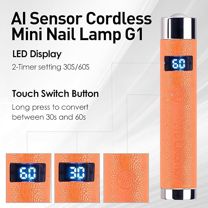 YTD Likomey Intelligent Sensor Handheld UV Light for Nail Gel with Magnetic Stand,Mini Portable Cordless Rechargeable Leather Nail Lamp with LCD Display,Fast Curing for UV Glue Builder Gel-G1 Orange