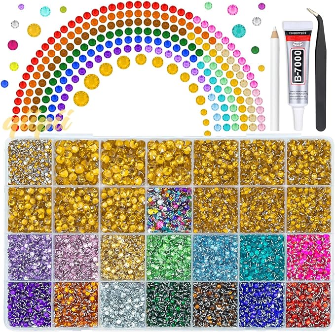28 Grids Golden Yellow 2-6mm Resin Rhinestones w B7000 Glue for Bedazzling Crafting Colorful Flatback Stones Diamonds Crystals Gems Bedazzler Kit for Nails Face Eyes Makeup Tumblers DIY Crafts