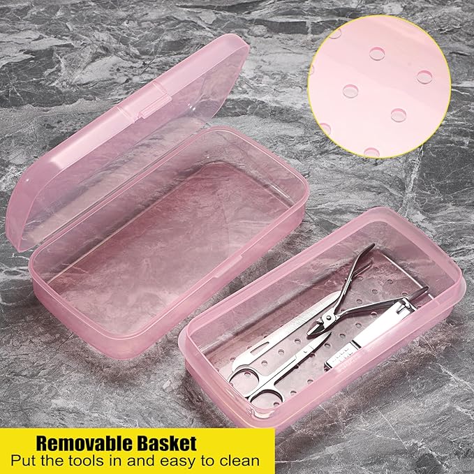 JUXYES Plastic Sterilizing Tray for Nail Art Accessories Tools, Portable Nail Art Tool Sterilizer Tray with Strainer, Fully Transparent Storage Box Organizer for Tweezer, Manicure Tools
