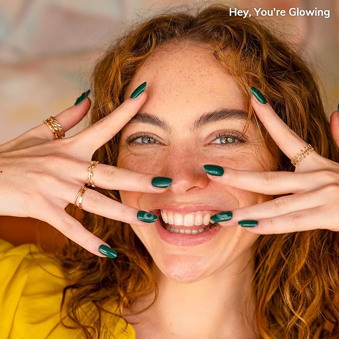 Heyhae Semi Cured Gel Nail Strips | No LED Lamp Needed | Solid, Green | Easy Apply & Remove, Salon Quality | Includes 28 Strips, 1 Prep Pads, Nail File & Wooden stick - Hey, You're Glowing