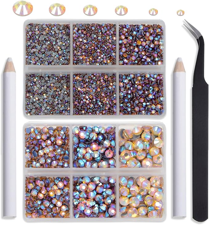 NCB Hotfix Iron on 8000pcs Crystal Rhinestones Round Gem for Crafts Decoration DIY Jewelry Making with a Tweezers and 2 Picking pens (Topaz AB, 6Sizes SS4-SS30)