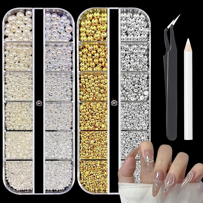 Nail Charms Jewels Manicure Kit with Pickup Pencil and Tweezers, Flatback Pearls for Face Makeup Face Gems and Flatback Sliver & Glod Half Round Beads Nail Gems for Nail Art and Manicure Decor