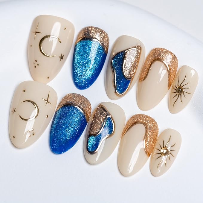 Sun&Beam Nails Handmade Press-On Short Almond with White Blue Gold Color 3D Design Charm Cat Eye Cute False Nail Tips 10 Pcs (#81 S), (FN-HM-081-S.AU)
