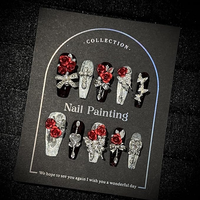 3D Press On Nails, Luxury Long Ballerina Shape, Red Rose and Silver Glitter Design, 10 Pieces, Fall Winter Collection (XS, LC)