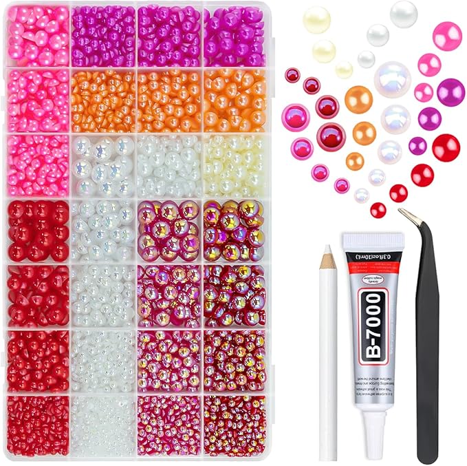 28 Types Red Colorful Flatback Pearls w B7000 Glue for Bedazzling Crafting 3mm 4mm 6mm 8mm 10mm Flatback Gems Half Pearls Bedazzler Kit Charms for Nails Face Eyes Makeup Crafts Tumblers Bottles