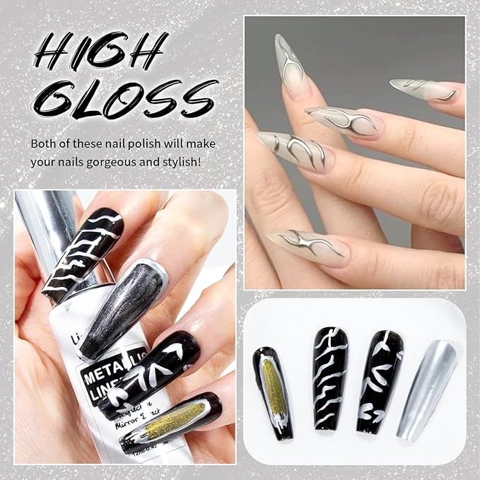 12ml Metallic Painting Gel Liner Nail Art 3D Mirror Chrome Effect Metal Painted Drawing Build in Thin Brush Soak Off UV/LED Silver Striper Gel for Salon Home DIY Manicure