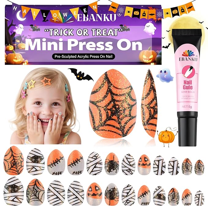 EBANKU Halloween Kid Press on Nails, 24Pcs Sparkle Almond Fake Nails Kit Full Cover Orange Web Cute Design Acrylic Nails with Nail Glue for Girl