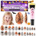 EBANKU Halloween Kid Press on Nails, 24Pcs Sparkle Almond Fake Nails Kit Full Cover Orange Web Cute Design Acrylic Nails with Nail Glue for Girl