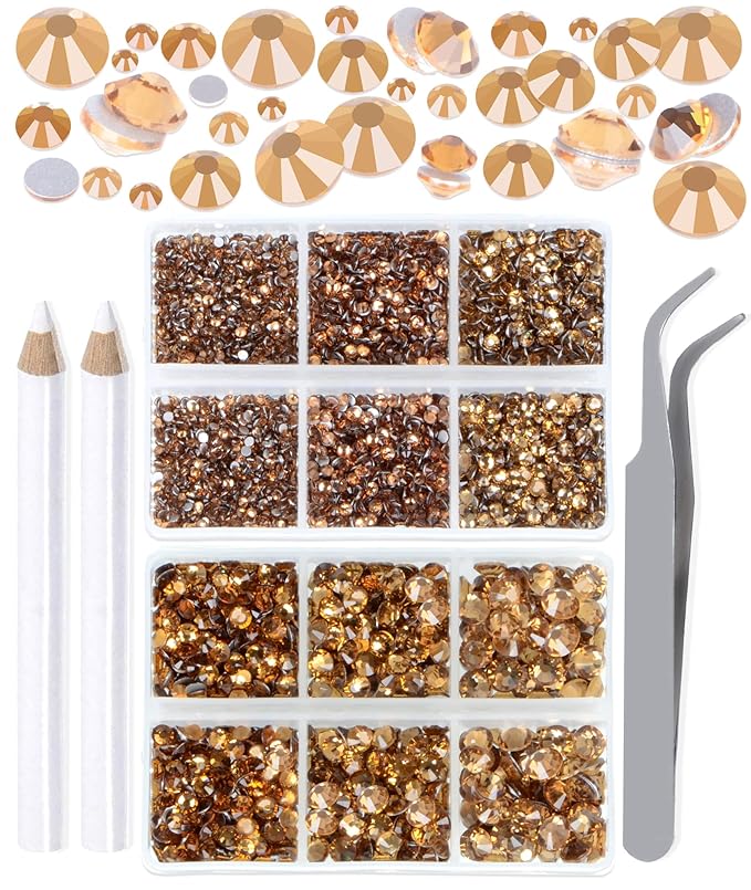 LPBeads 6000 Pieces Lt Topaz Non Hotfix Rhinestones 6 Sizes Round Crystal Glass Flat Back Rhinestones with Tweezers and Picking Pen for Nail Art Crafts Clothes Bags DIY