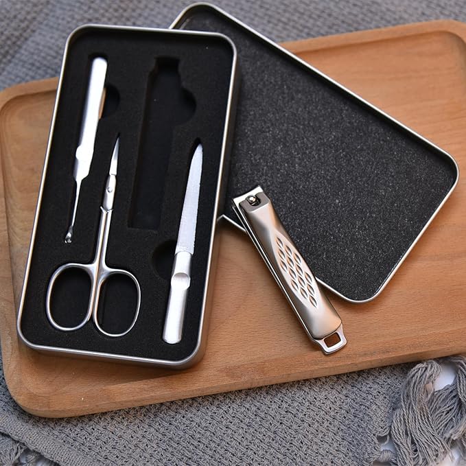 Guowall 4pcs Nail Clipper File Multipurpose Scissors Cuticle Removal Fork Manicure Set Personal Beauty Care Tools Manicure Set with Metal Storage Box