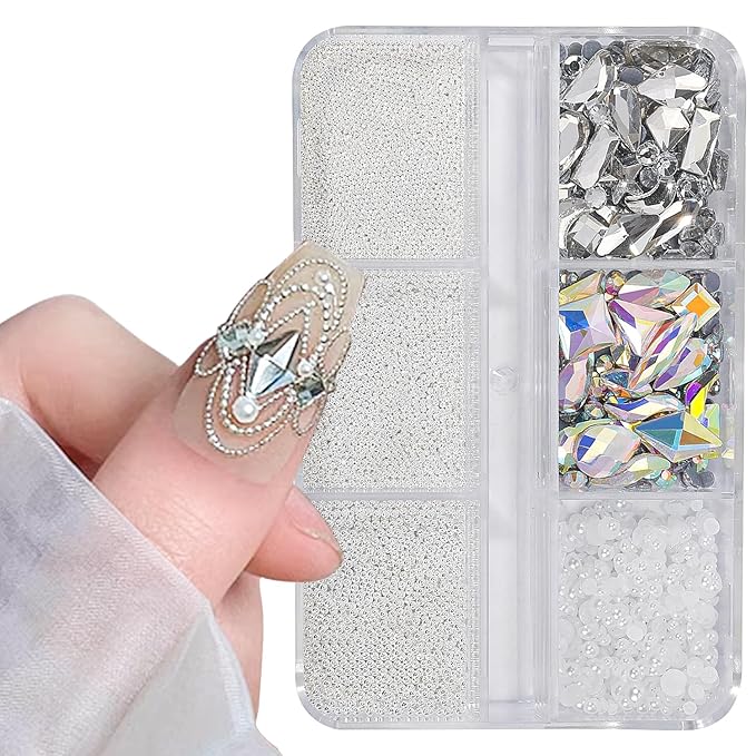 Silver 3D Nail Art Charms - Caviar Beads & Rhinestones Mix Size Multishape AB Crystals Kit for DIY Nail Decoration