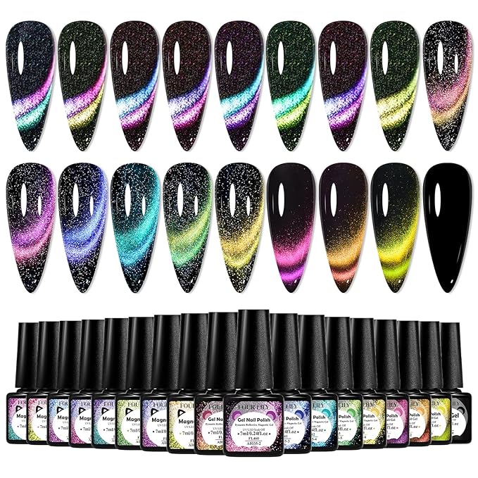 Cat Eye Gel Nail Polish Set, 18 Colors Magnetic Gel Polish Kit 9D Reflective Neon Light Strip Cateyes Nail Polish Chameleon Galaxy Glitter Effect Salon Gel Manicure Nail Art DIY at Home