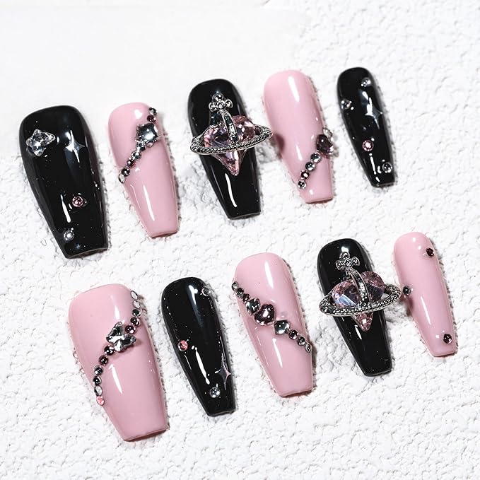 Sun&Beam Nails Handmade Press-on Medium Long Coffin Ballerina Pink Black Y2K Trendy Minimalist Design Fashion False Nail Tips 10 Pcs Set (#244 XS)