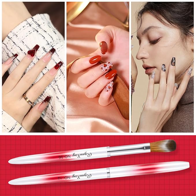 4PCS Acrylic Nail Brush Set, Kolinsky Hair, Oval Crimped Pressed Shaped, Size 6/8/12/16 - Red Metal Handle Professional Manicure Powder Brush for DIY Home Salon