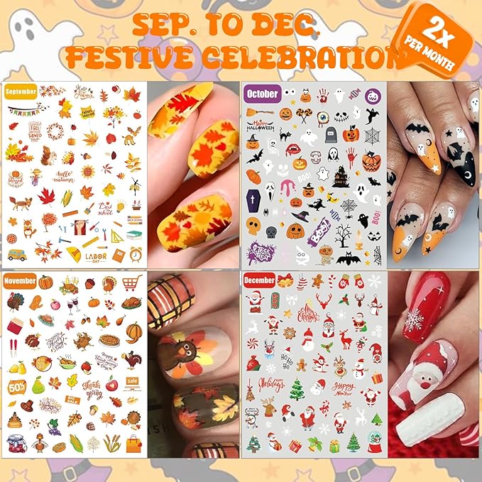12 Months All Holiday Nail Stickers, 24 Sheets Seasonal Variety Pack 2 Pcs Per Month DIY Nail Art, Self-Adhesive Pegatinas Uñas for a Year of Halloween Christmas Thanksgiving&Valentine’s Day