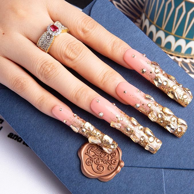 LOVFUL Gold Bling Press On Nails, Stunning Drill Glue On Nails, Luxury Fake Nails, Princess Nails | Handmade Nails l Fake Stick on nails| Square Long 2.2 in | H84 (M)