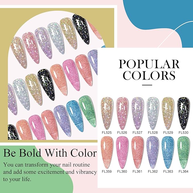 Gel Polish Reflective Glitter Gel Nail Polish Set, 12 Colors Holographic Sparkle Glitter Gel Flash Diamond Sliver Gold Pink Blue UV LED Soak Off Manicure Kit Gift for Women Girls