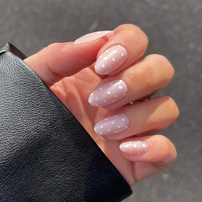 Press On Nails - Sugar | Pink Polka Dot UV Finish Almond Nails, Reusable Salon Quality | 32 Nails, 16 Sizes Kit with Glue and Adhesive Tabs I Female Founded