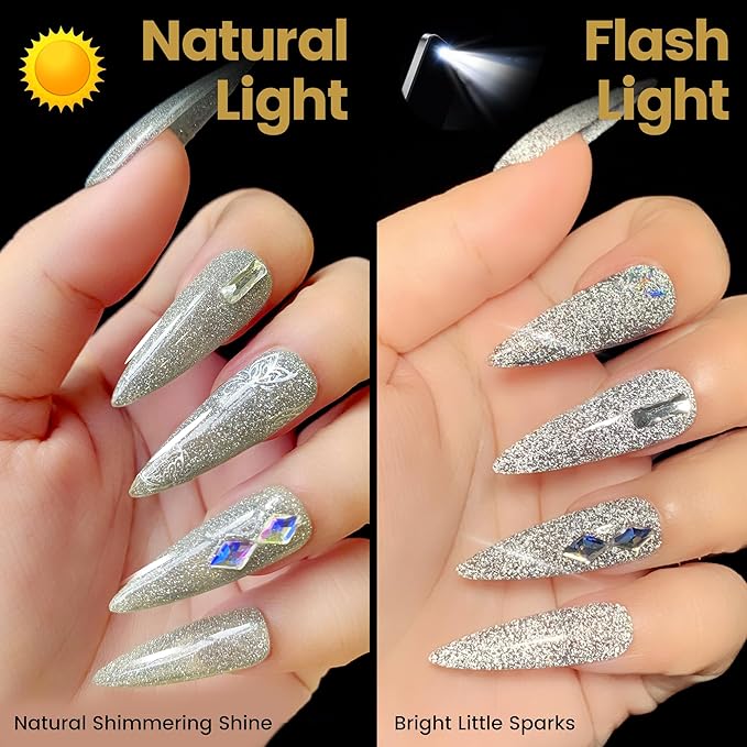 YTD Likomey Reflective Glitter Gel Nail Polish,15ml Silver Flash Diamond Shimmer Nails Gel,Sparkly Shiny Salon Home Fall Winter Manicure UV Color Varnish,SZ003