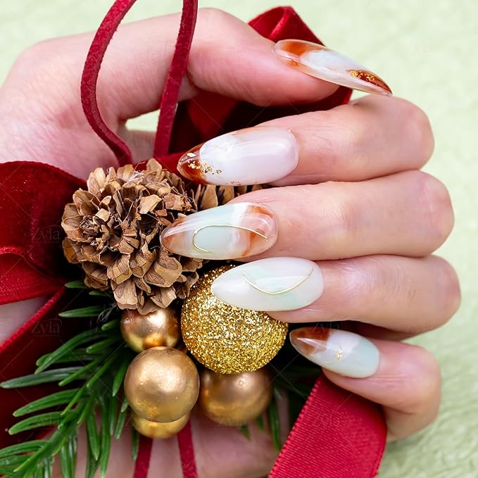 10 Pieces Handmade Press On Nails Medium Almond, Green And WhiteThickened False Nails With Gold Thread Embellishment, Reusable Fake Nails Almond, Reusable Acrylic Nails (M)