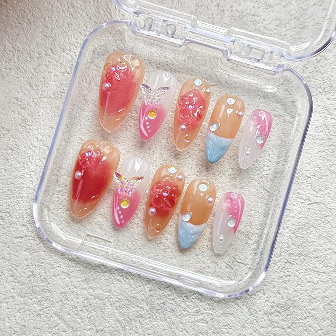 French Press on Nails Handmade Almond Nails with Glue,Nude Medium Fake Nails with 5D Flower Art ＆ Pearl Design Muti-Layer Gel Handmade Nail Acrylic Nature False Nails for Wome (Size S)