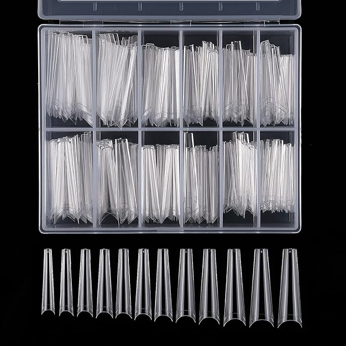 240pc Extra Long French Coffin Nail Tips, Soft Gel Coffin Fake Nails, XL Gel Nail Tips Half Cover Curved Ballerina False Nails, Extra Long Artificial Fingernail 12 Size for Acrylic Nail Extension