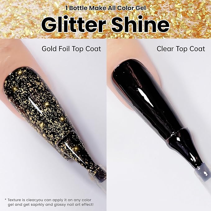 YTD Likomey Gel Polish Polish Gold Foil Top Coat,Glossy No Wipe Long Lasting Shiny Finish Clear Gold Glitter Sparkle,Salon Home DIY UV Manicure Nail Art Varnish UV Nail Gel,15ml 0.5 Fl Oz