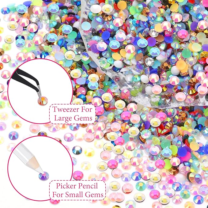 RODAKY 30000PCS Resin Jelly Rhinestone 4mm Flatback Crystal Gems AB Color Rhinestones Bedazzling Kit with 2PCS 10ml B7000 Jewelry Glue Tweezers Pen Making Kit for DIY Craft Clothing Shoes Nail Decor