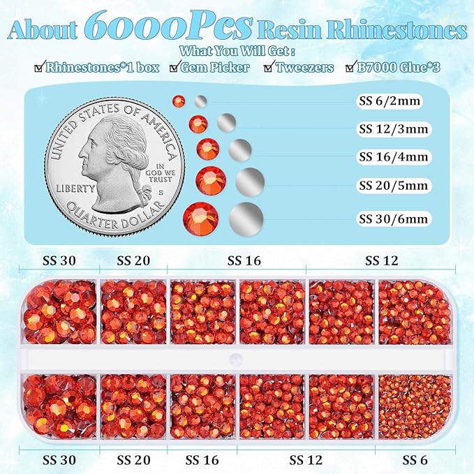 6000Pcs Resin Rhinestones for Bedazzling with 3Pcs B7000 Jewelry Glue, 1 Box Red Zircon Flatback Rhinestones for Crafting Crafts DIY, Crystals Gems for Clothing Shoes Tumblers Nail Art Makeup
