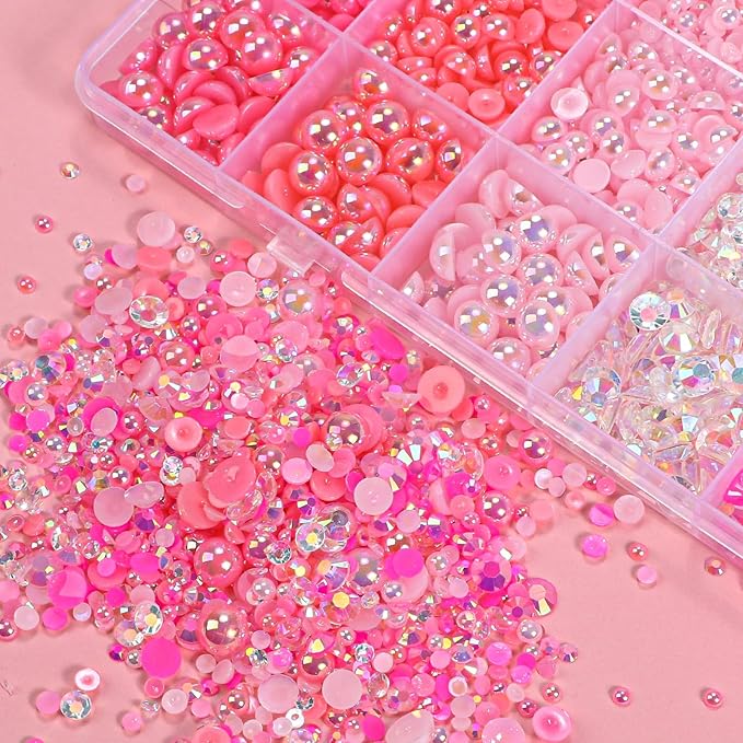 22000 Pcs Pink Flatback Pearls and Rhinestones Bedazzling Kit, Resin Rhinestones Gems for Crafting, Mixed Size Half Pearls Gems for Nails Face Eyes Makeup Bottles Shoes DIY Crafts