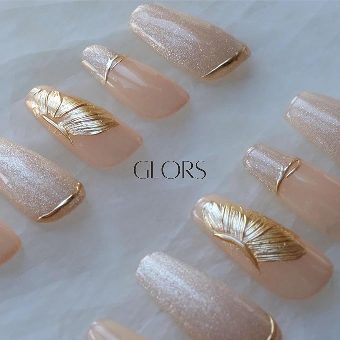Press On Nails, Long Ballerina Style, Nude Pink with Gold Accents, 10 Pieces (Large,LB)